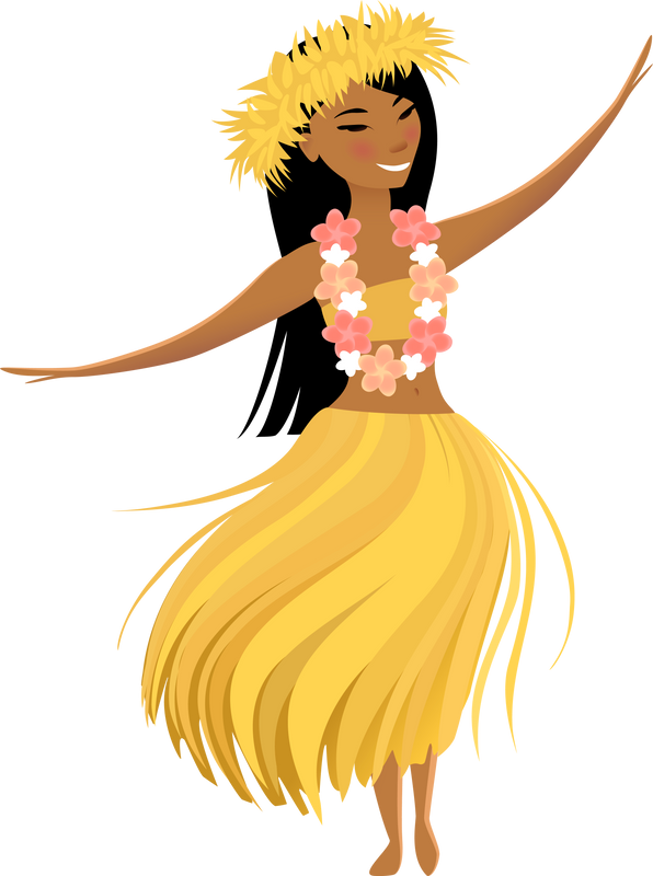 Hawaiian girl dancing hula in costume and luau.